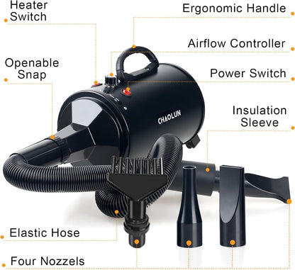 High Velocity Dog Dryer Blower, Professional Dog Grooming Dryer, Dog Blow Dryer 3.8HP, Pet Hair Dryer with Heater, Powerful Blow Force, Stepless Adjustable Speed, Quickly Dry, Black